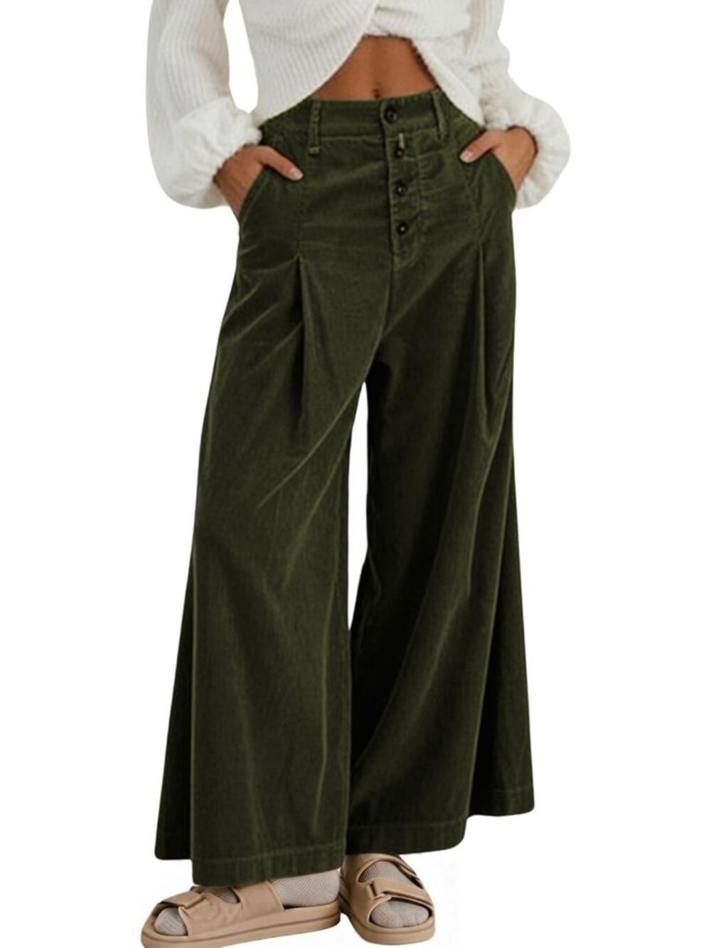 Chic Women's Wide Leg Corduroy Trousers with Button Front - Stylish & Comfy